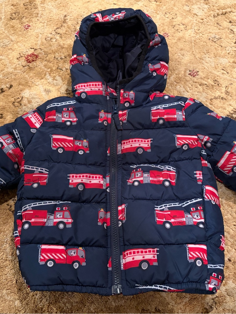 The Children's Place Navy Puffer Jacket with Red Fire Truck Print 2T like new